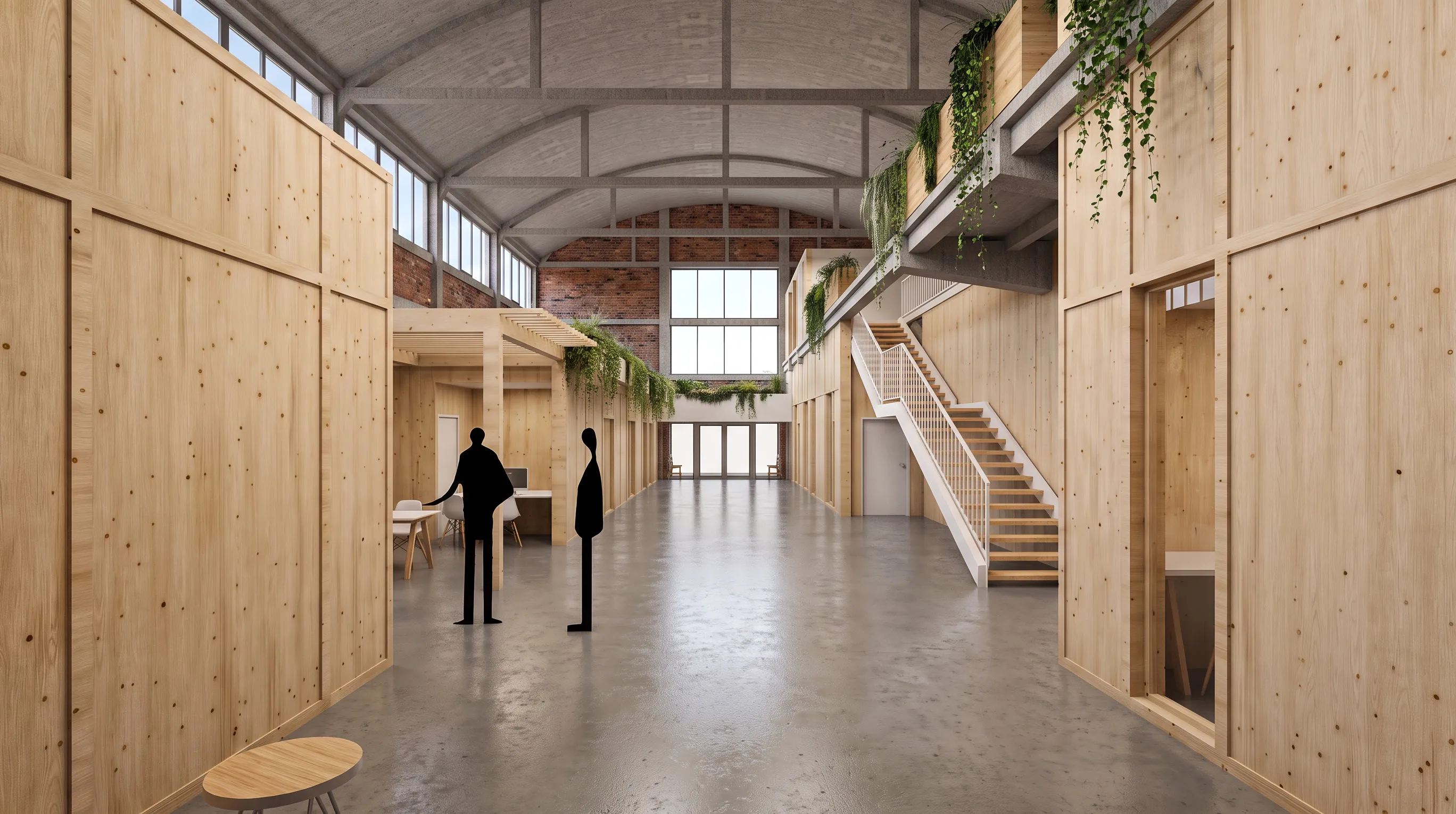 Perspective intérieure de la halle réhabilitée : boîtes en bois clair sous la charpente en berceau, mezzanine et escalier métallique